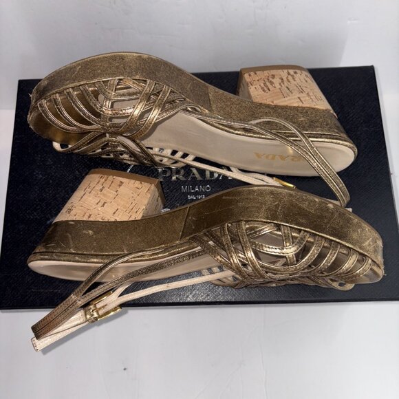 Vintage Prada Heels Gold Slingback Size EUR 37 US 7 with Box & Shoe Bags - Picture 8 of 16